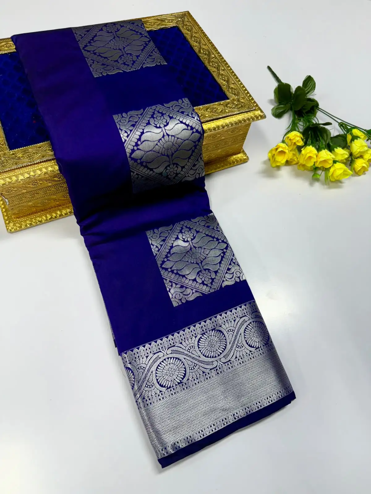 Peacock Square Box Zari Butta Floral Border Semi Kanchipuram Silk Saree